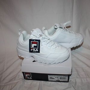 All white Fila Disruptor II dad sneakers!